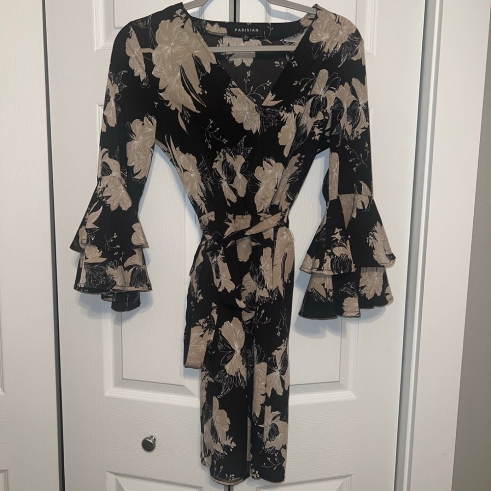 Parisian V Neck Floral Dress With Flare Sleeve - US-4/UK-8